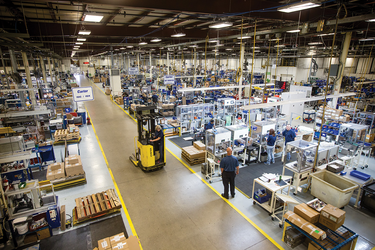 Birdseye view of workers working in a factory